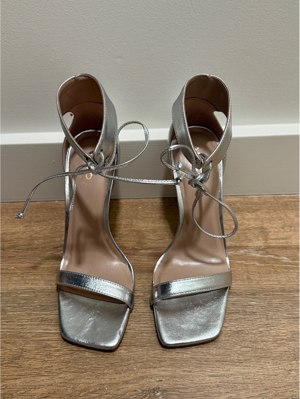 ALDO Silver Metallic 4.5” High Heel Ankle Strap Sandals | Size 8.5